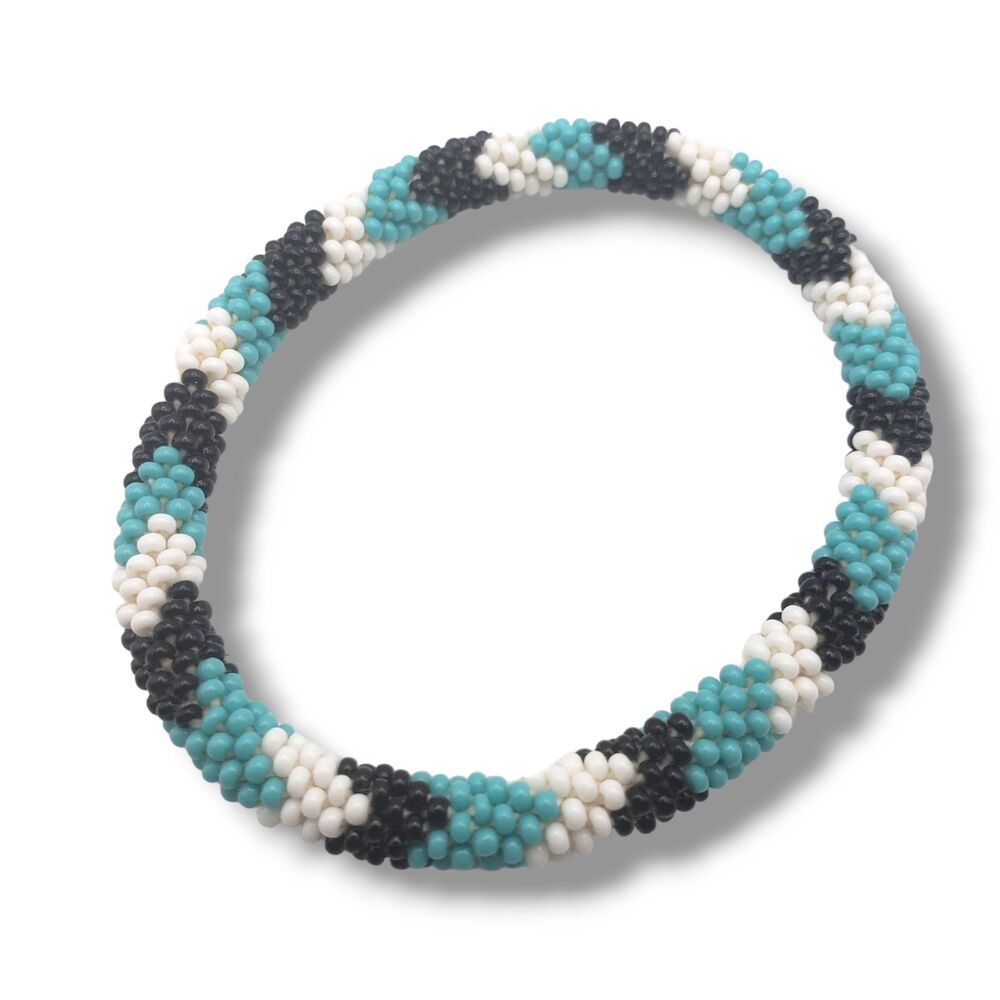 Blue Black White Seed Bead Bracelet Chevron Pattern NON STRETCH